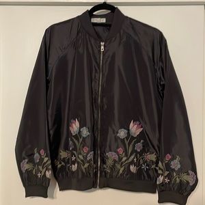 Love Fire brand size XL Black bomber jacket with embroidered flowers on front